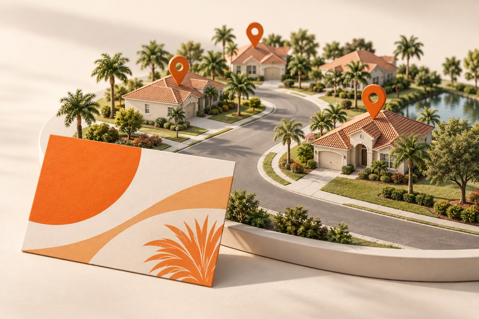 Illustration of neighborhood homes marked for a postcard campaign