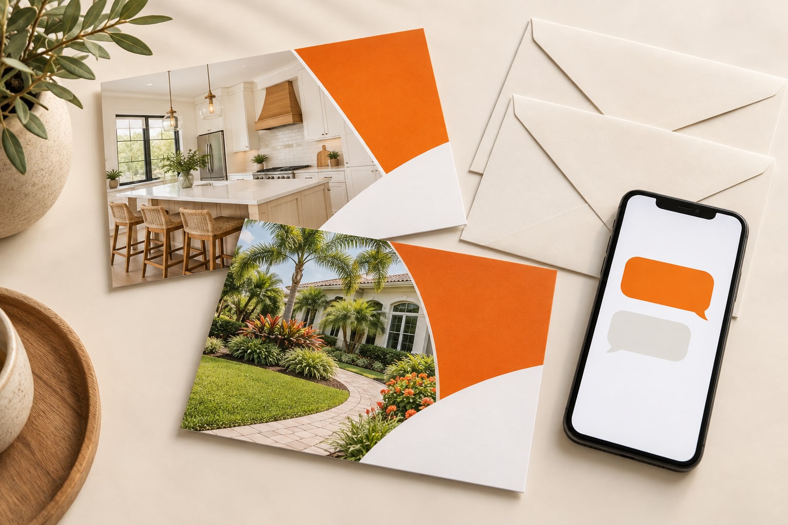 Illustration of home-service postcards beside a phone showing a message